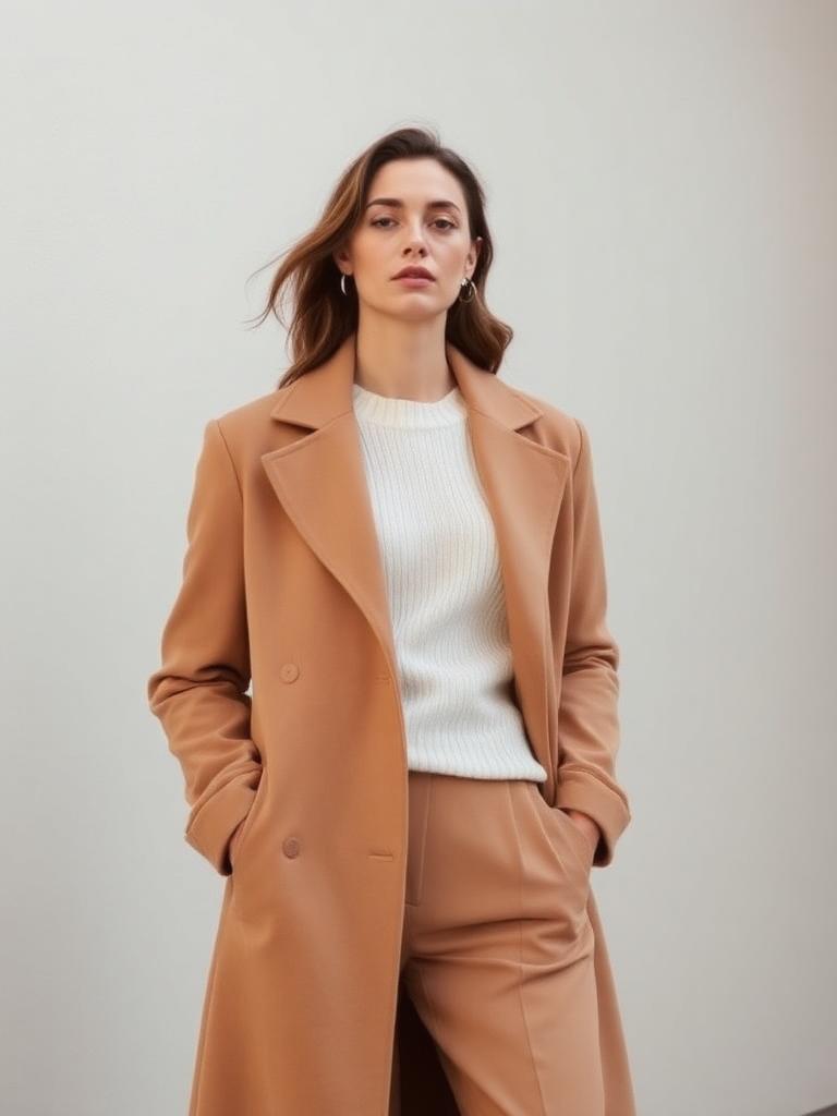 Femme portant un manteau camel sur un pull crème – catégorie Vêtements Femmes