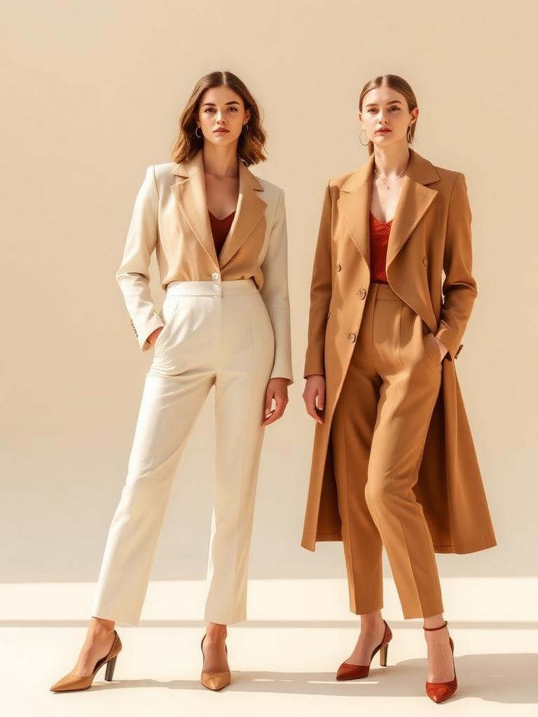 Ensembles tailleur camel et beige portés par deux mannequins – Vêtements Lavaud