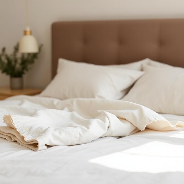 Linge de maison blanc et beige sur un lit – Vêtements Lavaud