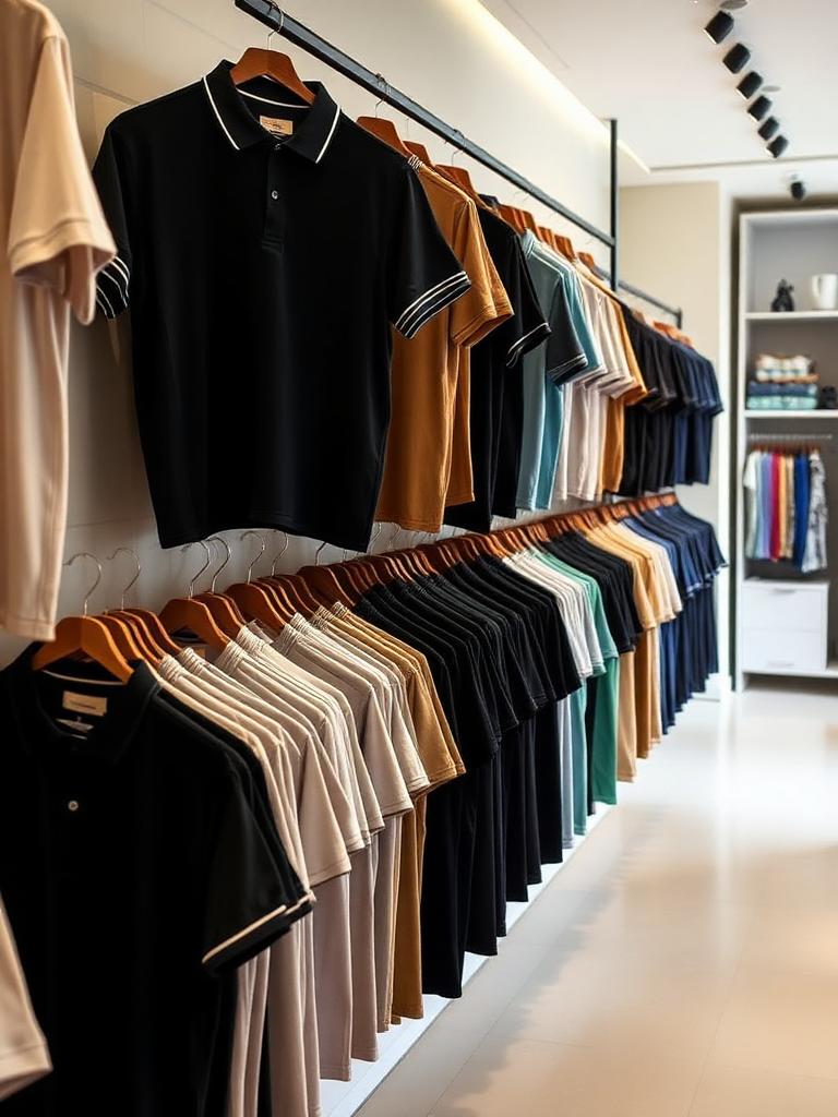 Polos homme sur portant, coloris variés – Vêtements Lavaud