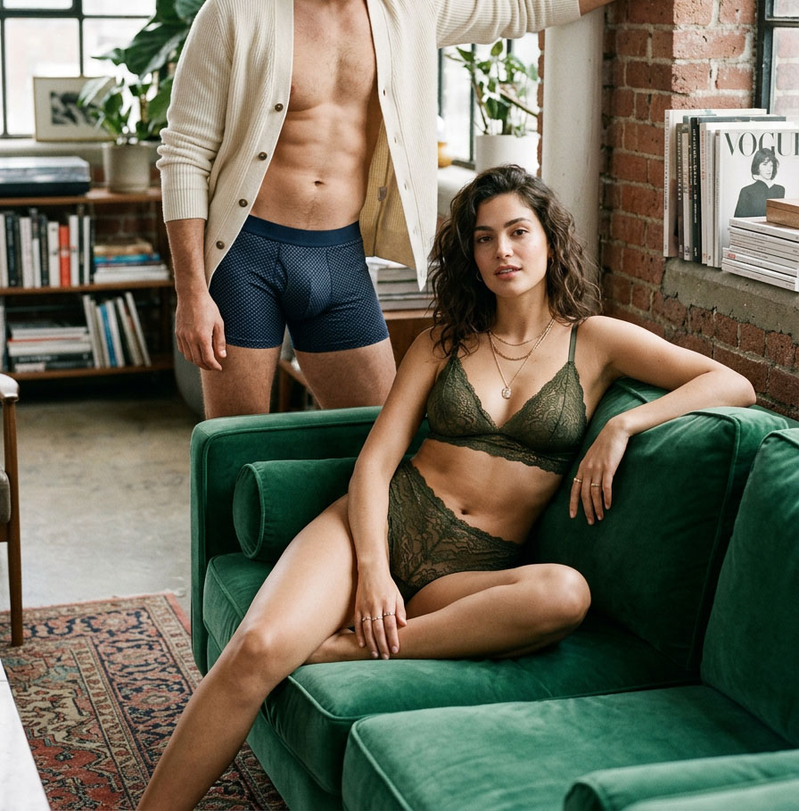 Homme en sous-vêtements et femme en lingerie assise sur un canapé – catégorie Lingerie